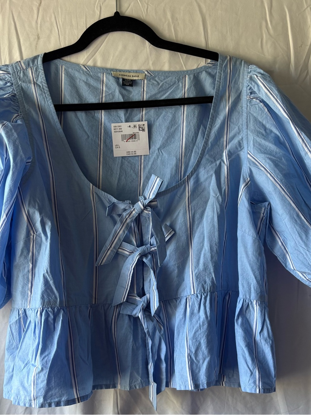 NWT American Eagle Blue Stripe Tie Front Puff Sleeve Top L